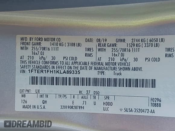 ✅ 2019 Ford Ranger XL • VIN: 1FTER1FH1KLA89335 • Lot: 43673567. Wystawiony na IAAI z przebiegiem 50 546 mil. Bezpłatny archiwum sprzedaży aukcyjnych z USA i szczegółowy raport historii pojazdu na DreamBid. Zdjęcie 9.