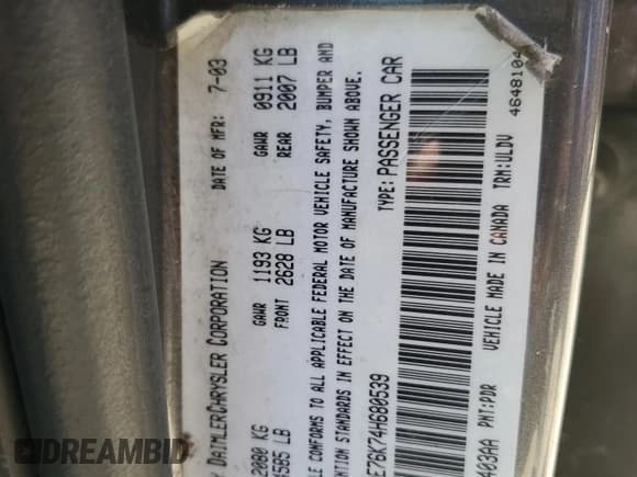 ✅ 2004 Chrysler 300M M • VIN: 2C3AE76K74H680539 • Lot: 59333845. Listed on Copart with 101,090 mi. Free auction sales archive from the USA and detailed vehicle history report at DreamBid. Image 12.