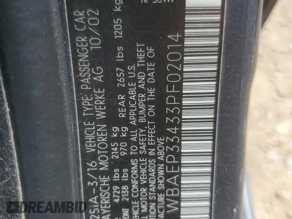 ✅ 2003 BMW 3 Series 325xi • VIN: WBAEP33433PF02014 • Lot: 63789735. Listed on Copart with 128,525 mi. Free auction sales archive from the USA and detailed vehicle history report at DreamBid. Image 12.