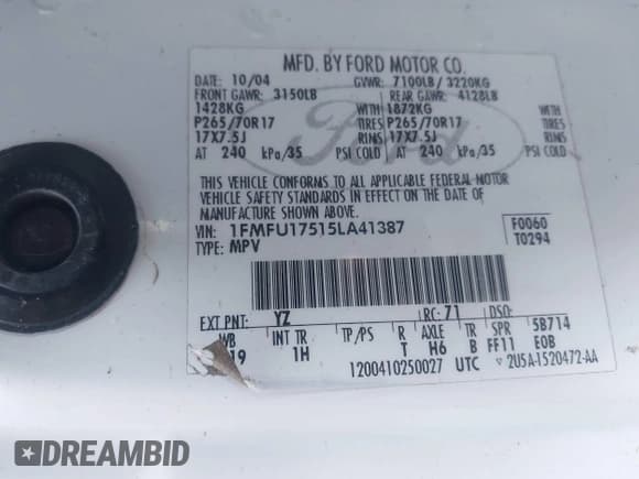 ✅ 2005 Ford Expedition Eddie Bauer • VIN: 1FMFU17515LA41387 • Lot: 43897826. Listed on IAAI with 132,628 mi. Free auction sales archive from the USA and detailed vehicle history report at DreamBid. Image 9.