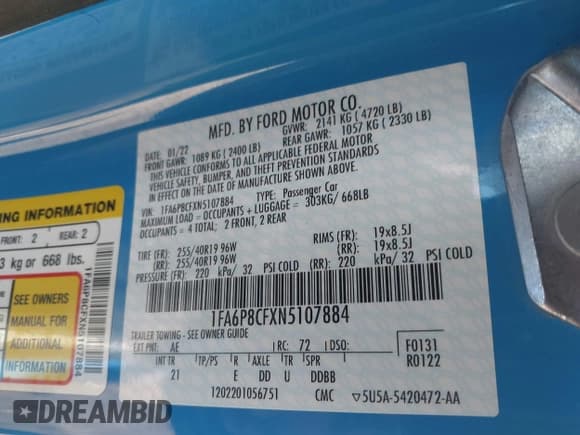 ✅ 2022 Ford Mustang GT • VIN: 1FA6P8CFXN5107884 • Lot: 41992310. Listed on IAAI with 34,673 mi. Free auction sales archive from the USA and detailed vehicle history report at DreamBid. Image 9.