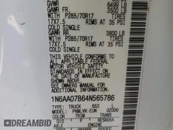 ✅ 2004 Nissan Titan SE • VIN: 1N6AA07B64N565786 • Lot: 82687485. Listed on Copart with 184,915 mi. Free auction sales archive from the USA and detailed vehicle history report at DreamBid. Image 12.