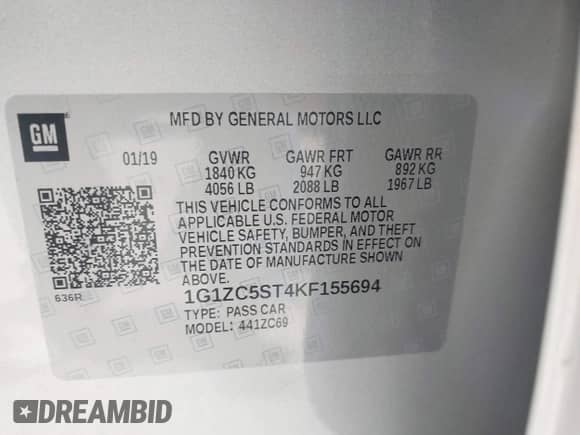 2019 Chevrolet Malibu LS with VIN 1G1ZC5ST4KF155694, listed as a IAAI auction lot 42515486 with 85,210 mi miles and . Bid and sale history available at DreamBid. Image 9.