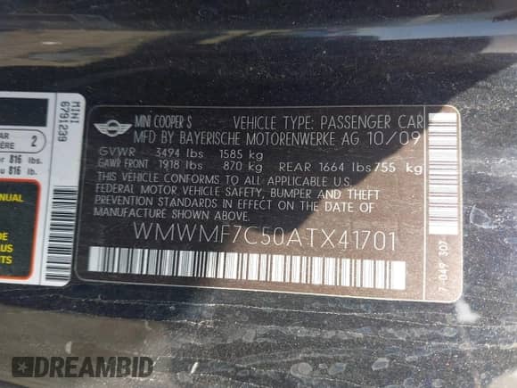 2010 MINI Hardtop S with VIN WMWMF7C50ATX41701, listed as a IAAI auction lot 43607245 with 146,196 mi miles and . Bid and sale history available at DreamBid. Image 9.