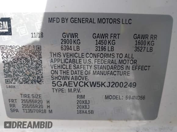 ✅ 2019 Buick Enclave Avenir • VIN: 5GAEVCKW5KJ200249 • Lot: 42054240. Listed on IAAI with 69,464 mi. Free auction sales archive from the USA and detailed vehicle history report at DreamBid. Image 9.