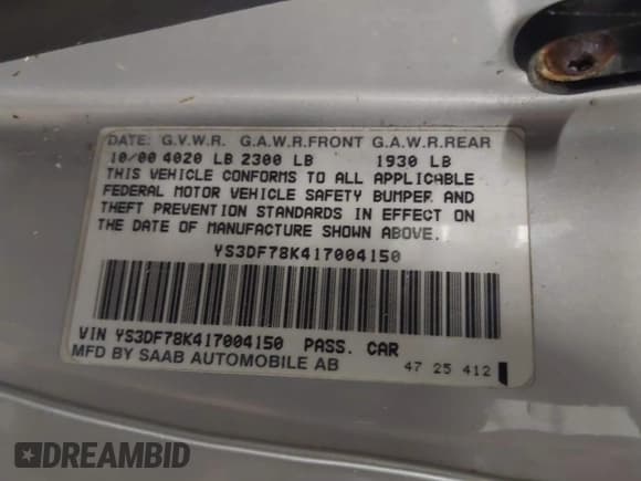 ✅ 2001 Saab 9-3 SE • VIN: YS3DF78K417004150 • Lot: 43018489. Wystawiony na IAAI z przebiegiem 127 483 mil. Bezpłatny archiwum sprzedaży aukcyjnych z USA i szczegółowy raport historii pojazdu na DreamBid. Zdjęcie 9.