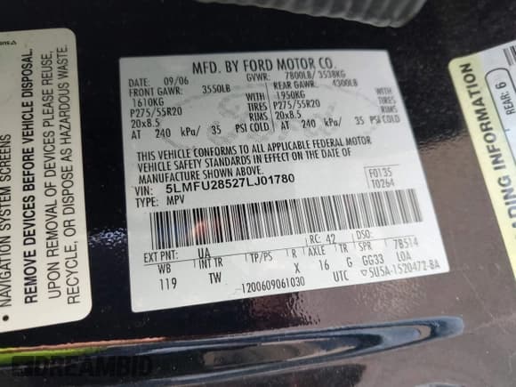 ✅ 2007 Lincoln Navigator • VIN: 5LMFU28527LJ01780 • Lot: 43292751. Wystawiony na IAAI z przebiegiem 116 379 mil. Bezpłatny archiwum sprzedaży aukcyjnych z USA i szczegółowy raport historii pojazdu na DreamBid. Zdjęcie 9.