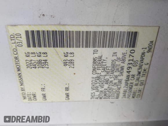 ✅ 2010 Nissan Altima SR • VIN: 1N4BL2AP8AN493170 • Lot: 43042306. Wystawiony na IAAI z przebiegiem 174 159 mil. Bezpłatny archiwum sprzedaży aukcyjnych z USA i szczegółowy raport historii pojazdu na DreamBid. Zdjęcie 9.