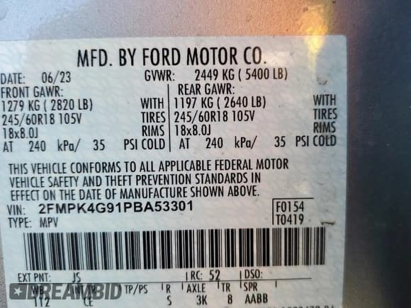 ✅ 2023 Ford Edge SE • VIN: 2FMPK4G91PBA53301 • Lot: 85887065. Listed on Copart with 30,092 mi. Free auction sales archive from the USA and detailed vehicle history report at DreamBid. Image 14.