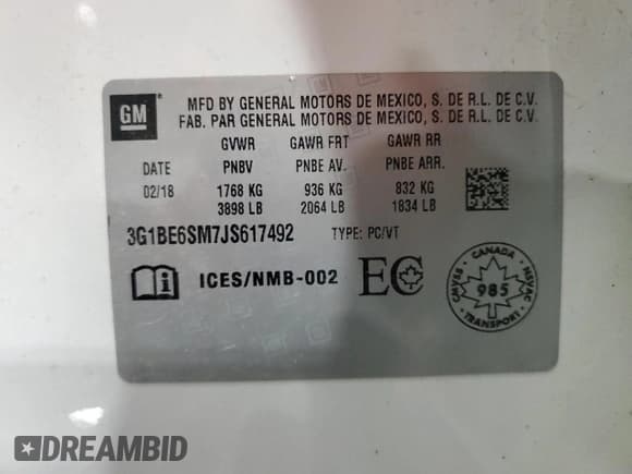 ✅ 2018 Chevrolet Cruze LT • VIN: 3G1BE6SM7JS617492 • Lot: 80687575. Listed on Copart with 114,990 mi. Free auction sales archive from the USA and detailed vehicle history report at DreamBid. Image 12.