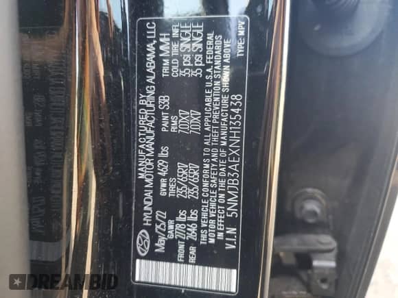 2022 Hyundai Tucson SEL with VIN 5NMJB3AEXNH135438, listed as a Copart auction lot 85083355 with 66,884 mi miles and Salvage title. Bid and sale history available at DreamBid. Image 14.