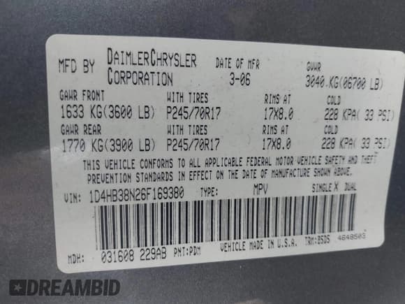 ✅ 2006 Dodge Durango SXT • VIN: 1D4HB38N26F169380 • Лот: 42454822. Опубликован ранее на IAAI с пробегом 168 224 миль. Бесплатный доступ к архиву аукционных продаж из США и подробный отчёт об истории автомобиля на DreamBid. Изображение 9.