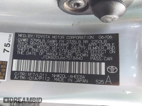 ✅ 2006 Toyota Prius • VIN: JTDKB20U667518440 • Lot: 43814492. Listed on IAAI with Not provided. Free auction sales archive from the USA and detailed vehicle history report at DreamBid. Image 9.