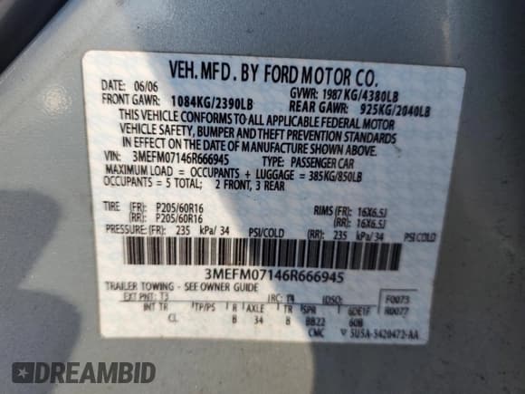 ✅ 2006 Mercury Milan • VIN: 3MEFM07146R666945 • Lot: 49838285. Listed on Copart with 70,493 mi. Free auction sales archive from the USA and detailed vehicle history report at DreamBid. Image 12.