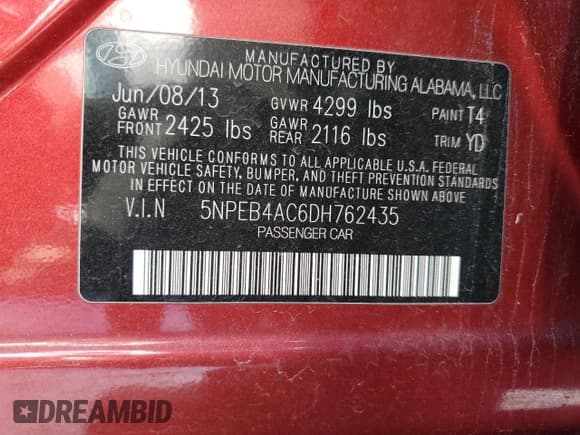 ✅ 2013 Hyundai Sonata GL • VIN: 5NPEB4AC6DH762435 • Лот: 87829635. Опубликован ранее на Copart с пробегом 81 690 миль. Бесплатный доступ к архиву аукционных продаж из США и подробный отчёт об истории автомобиля на DreamBid. Изображение 12.