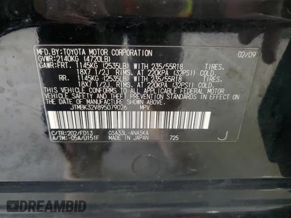 ✅ 2009 Toyota RAV4 Sport • VIN: JTMBK32V895079026 • Лот: 71798515. Опубликован ранее на Copart с пробегом 148 500 миль. Бесплатный доступ к архиву аукционных продаж из США и подробный отчёт об истории автомобиля на DreamBid. Изображение 13.