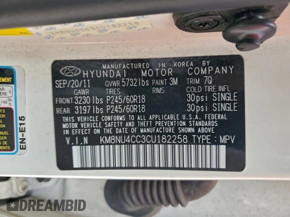 ✅ 2012 Hyundai Veracruz Limited • VIN: KM8NU4CC3CU182258 • Lot: 95725735. Listed on Copart with 93,518 mi. Free auction sales archive from the USA and detailed vehicle history report at DreamBid. Image 13.