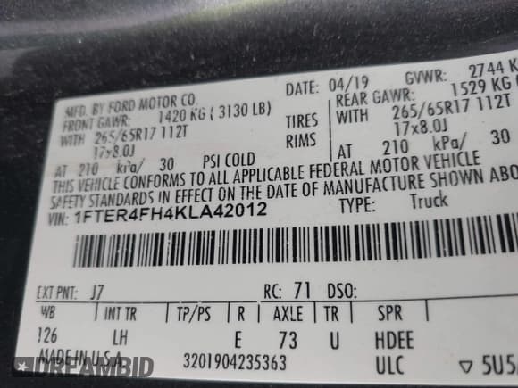 ✅ 2019 Ford Ranger XL • VIN: 1FTER4FH4KLA42012 • Lot: 42135412. Listed on IAAI with 147,786 mi. Free auction sales archive from the USA and detailed vehicle history report at DreamBid. Image 9.