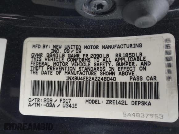 ✅ 2010 Toyota Corolla LE • VIN: 1NXBU4EE2AZ248040 • Lot: 43568928. Listed on IAAI with 180,432 mi. Free auction sales archive from the USA and detailed vehicle history report at DreamBid. Image 9.