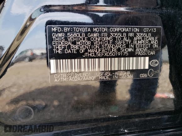 ✅ 2013 Lexus LS 460 • VIN: JTHCL5EFXD5019175 • Lot: 65247405. Listed on Copart with 149,555 mi. Free auction sales archive from the USA and detailed vehicle history report at DreamBid. Image 13.