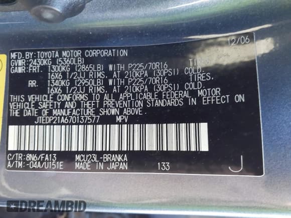 ✅ 2007 Toyota Highlander w/3rd Row • VIN: JTEDP21A670137577 • Лот: 43618902. Опубликован ранее на IAAI с пробегом 227 381 миль. Бесплатный доступ к архиву аукционных продаж из США и подробный отчёт об истории автомобиля на DreamBid. Изображение 9.