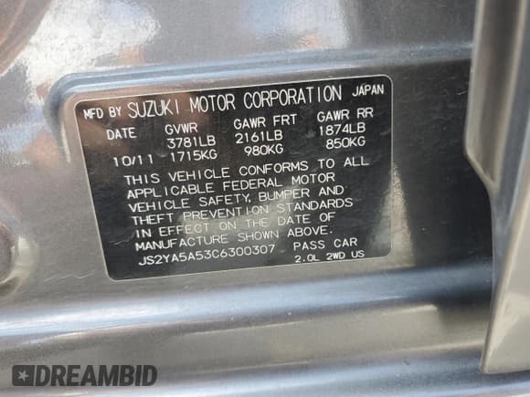 ✅ 2012 Suzuki SX4 Sportback • VIN: JS2YA5A53C6300307 • Лот: 69945415. Опубликован ранее на Copart с пробегом Не указан. Бесплатный доступ к архиву аукционных продаж из США и подробный отчёт об истории автомобиля на DreamBid. Изображение 13.