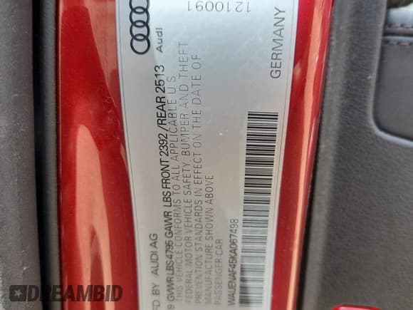 ✅ 2019 Audi A4 Premium Plus • VIN: WAUENAF45KA067498 • Lot: 85877355. Listed on Copart with 58,192 mi. Free auction sales archive from the USA and detailed vehicle history report at DreamBid. Image 12.