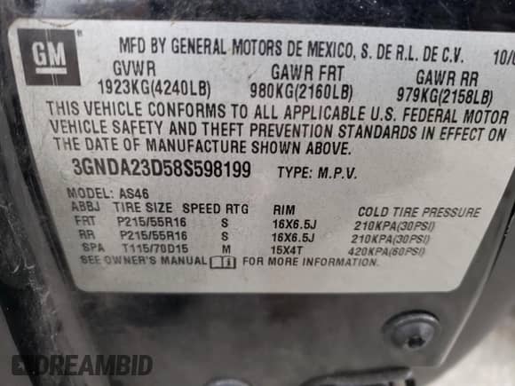 2008 Chevrolet HHR LT с VIN 3GNDA23D58S598199, выставлен на аукционе Copart как лот 75949364 с пробегом 84 291 миль миль и Списание • Salvage title. История ставок и продаж доступна на DreamBid. Изображение 13.