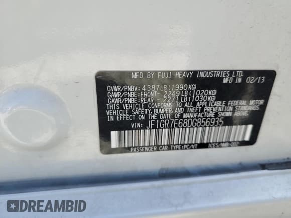 ✅ 2013 Subaru WRX WRX • VIN: JF1GR7E68DG856935 • Лот: 56436625. Опубликован ранее на Copart с пробегом Не указан. Бесплатный доступ к архиву аукционных продаж из США и подробный отчёт об истории автомобиля на DreamBid. Изображение 12.