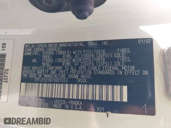 ✅ 2007 Toyota Tundra • VIN: 5TFJT52187X001333 • Lot: 41660080. Listed on IAAI with 215,357 mi. Free auction sales archive from the USA and detailed vehicle history report at DreamBid. Image 9.