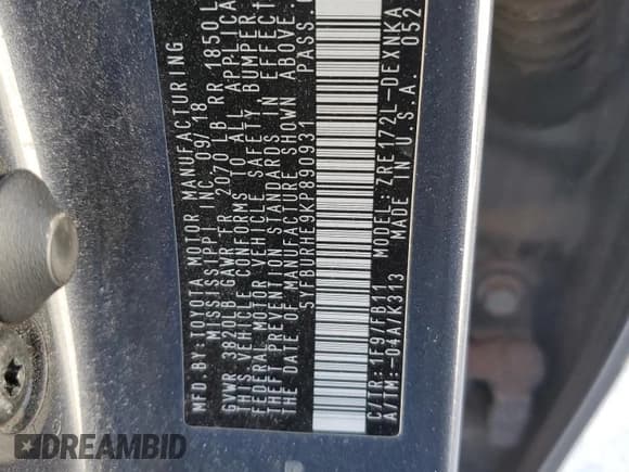 ✅ 2019 Toyota Corolla LE • VIN: 5YFBURHE9KP890931 • Lot: 86835815. Wystawiony na Copart z przebiegiem 133 890 mil. Bezpłatny archiwum sprzedaży aukcyjnych z USA i szczegółowy raport historii pojazdu na DreamBid. Zdjęcie 13.