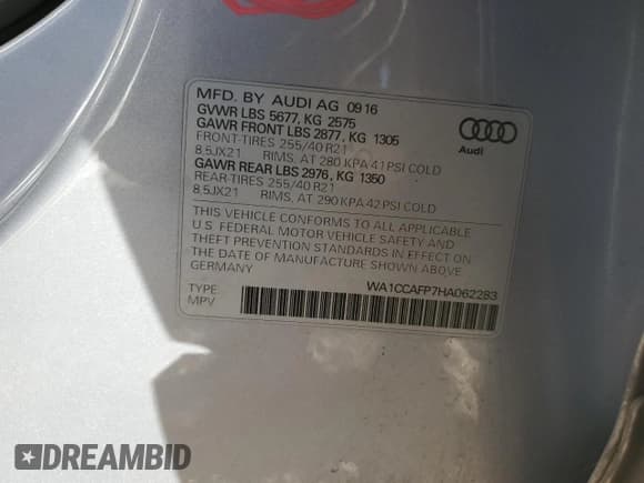 ✅ 2017 Audi SQ5 Premium Plus • VIN: WA1CCAFP7HA062283 • Lot: 91812205. Listed on Copart with 103,332 mi. Free auction sales archive from the USA and detailed vehicle history report at DreamBid. Image 13.