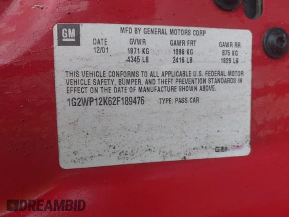 ✅ 2002 Pontiac Grand Prix GT • VIN: 1G2WP12K62F189476 • Lot: 41936754. Listed on IAAI with 192,889 mi. Free auction sales archive from the USA and detailed vehicle history report at DreamBid. Image 9.