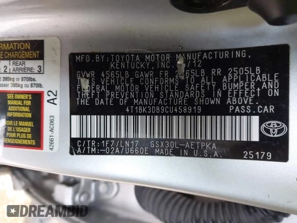 ✅ 2012 Toyota Avalon • VIN: 4T1BK3DB9CU458919 • Lot: 41064363. Listed on IAAI with 156,665 mi. Free auction sales archive from the USA and detailed vehicle history report at DreamBid. Image 9.