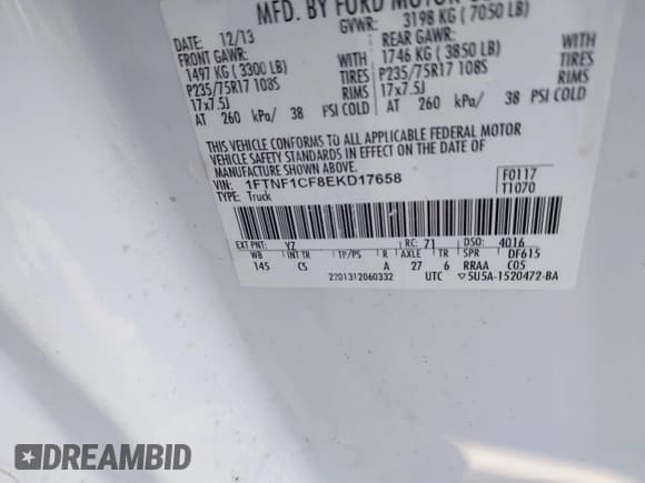 ✅ 2014 Ford F-150 XL • VIN: 1FTNF1CF8EKD17658 • Lot: 41442651. Listed on IAAI with 155,924 mi. Free auction sales archive from the USA and detailed vehicle history report at DreamBid. Image 9.