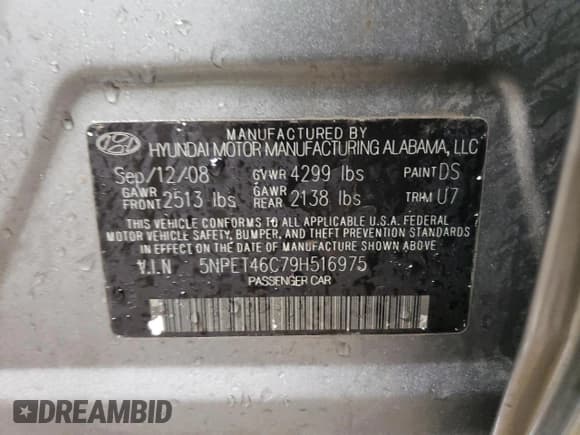 ✅ 2009 Hyundai Sonata GLS • VIN: 5NPET46C79H516975 • Лот: 80111514. Опубликован ранее на Copart с пробегом 97 681 миль. Бесплатный доступ к архиву аукционных продаж из США и подробный отчёт об истории автомобиля на DreamBid. Изображение 12.