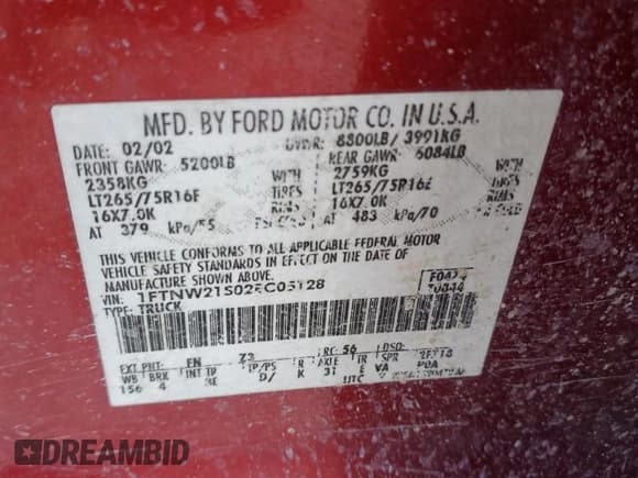 ✅ 2002 Ford F-250 XL • VIN: 1FTNW21S02EC05128 • Lot: 71627395. Listed on Copart with 300,178 mi. Free auction sales archive from the USA and detailed vehicle history report at DreamBid. Image 12.