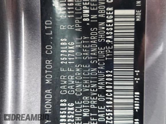 ✅ 2018 Honda Clarity • VIN: JHMZC5F16JC007092 • Lot: 85869175. Listed on Copart with 76,156 mi. Free auction sales archive from the USA and detailed vehicle history report at DreamBid. Image 12.