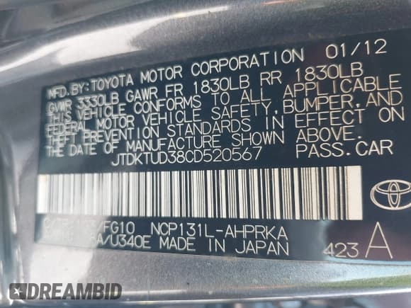 ✅ 2012 Toyota Yaris LE • VIN: JTDKTUD38CD520567 • Lot: 40616970. Listed on IAAI with 156,984 mi. Free auction sales archive from the USA and detailed vehicle history report at DreamBid. Image 9.