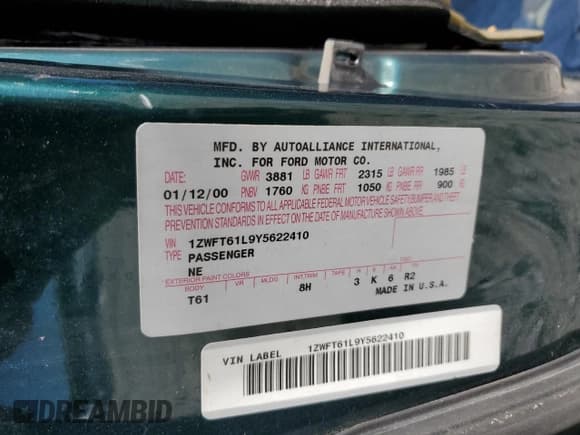 ✅ 2000 Mercury Cougar • VIN: 1ZWFT61L9Y5622410 • Lot: 87062045. Wystawiony na Copart z przebiegiem 104 575 mil. Bezpłatny archiwum sprzedaży aukcyjnych z USA i szczegółowy raport historii pojazdu na DreamBid. Zdjęcie 12.