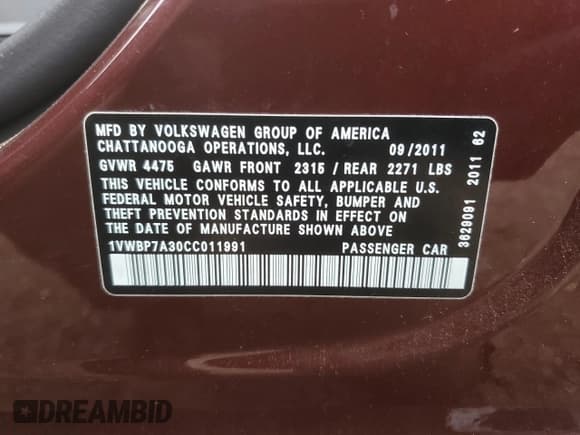 ✅ 2012 Volkswagen Passat SE • VIN: 1VWBP7A30CC011991 • Lot: 92052265. Listed on Copart with 132,851 mi. Free auction sales archive from the USA and detailed vehicle history report at DreamBid. Image 12.