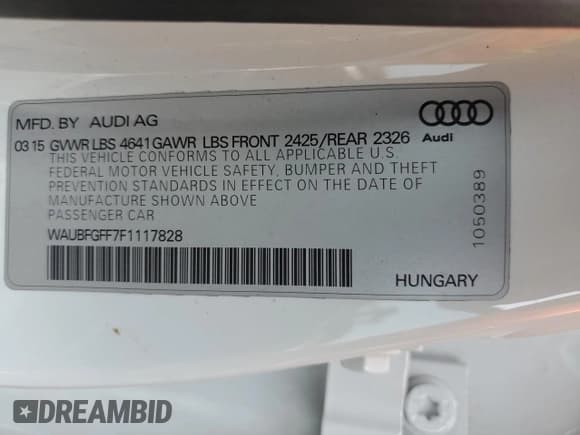✅ 2015 Audi S3 Premium Plus • VIN: WAUBFGFF7F1117828 • Lot: 56778335. Listed on Copart with Not provided. Free auction sales archive from the USA and detailed vehicle history report at DreamBid. Image 12.