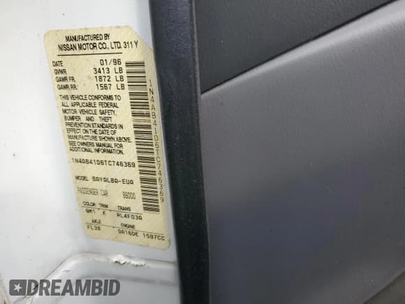✅ 1996 Nissan Sentra XE • VIN: 1N4AB41D6TC746369 • Лот: 46233065. Опубликован ранее на Copart с пробегом 55 700 миль. Бесплатный доступ к архиву аукционных продаж из США и подробный отчёт об истории автомобиля на DreamBid. Изображение 12.
