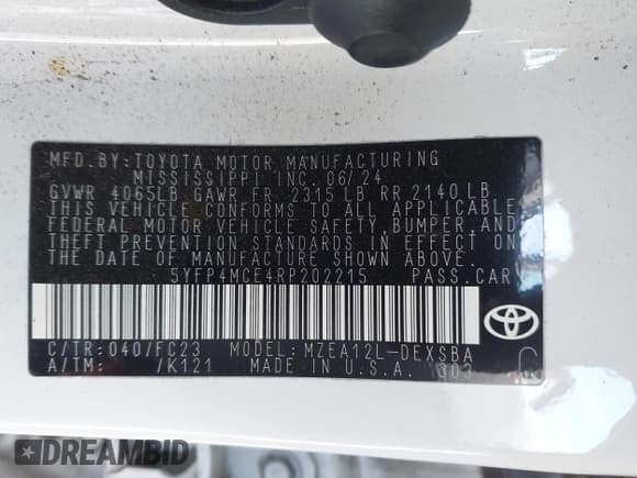 ✅ 2024 Toyota Corolla SE • VIN: 5YFP4MCE4RP202215 • Лот: 43491817. Опубликован ранее на IAAI с пробегом 6 803 миль. Бесплатный доступ к архиву аукционных продаж из США и подробный отчёт об истории автомобиля на DreamBid. Изображение 9.