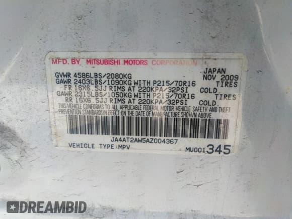 ✅ 2010 Mitsubishi Outlander ES • VIN: JA4AT2AW5AZ004367 • Lot: 42473635. Listed on IAAI with 156,250 mi. Free auction sales archive from the USA and detailed vehicle history report at DreamBid. Image 9.