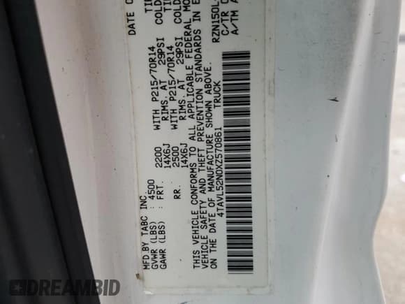 ✅ 1999 Toyota Tacoma • VIN: 4TAVL52N0XZ570861 • Lot: 80557875. Listed on Copart with 274,648 mi. Free auction sales archive from the USA and detailed vehicle history report at DreamBid. Image 12.