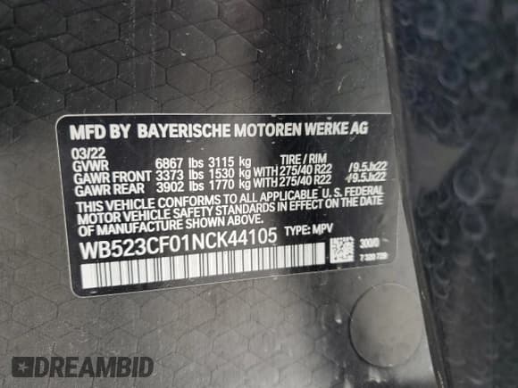 ✅ 2022 BMW iX xDrive50 • VIN: WB523CF01NCK44105 • Lot: 53743765. Listed on Copart with 35,942 mi. Free auction sales archive from the USA and detailed vehicle history report at DreamBid. Image 14.