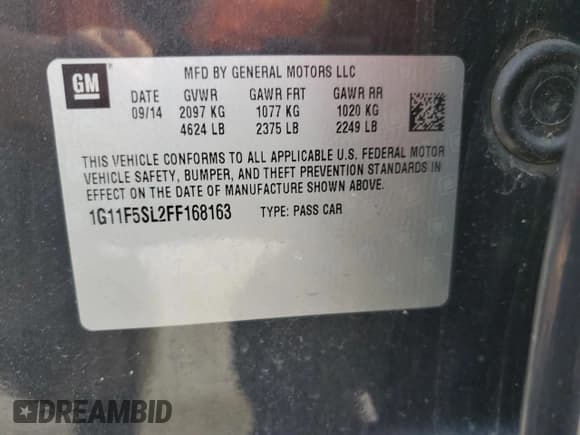 ✅ 2015 Chevrolet Malibu LTZ • VIN: 1G11F5SL2FF168163 • Lot: 66502555. Listed on Copart with 148,475 mi. Free auction sales archive from the USA and detailed vehicle history report at DreamBid. Image 12.