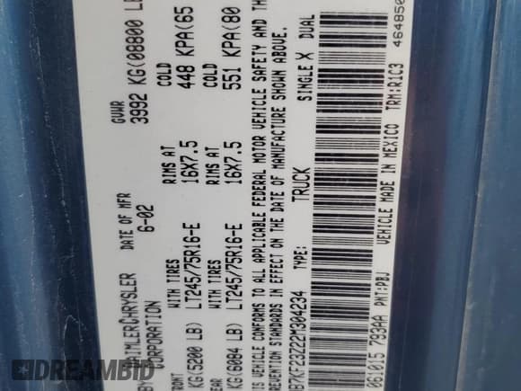 ✅ 2002 Dodge 2500 • VIN: 3B7KF23Z22M304234 • Lot: 70208915. Listed on Copart with 132,334 mi. Free auction sales archive from the USA and detailed vehicle history report at DreamBid. Image 13.