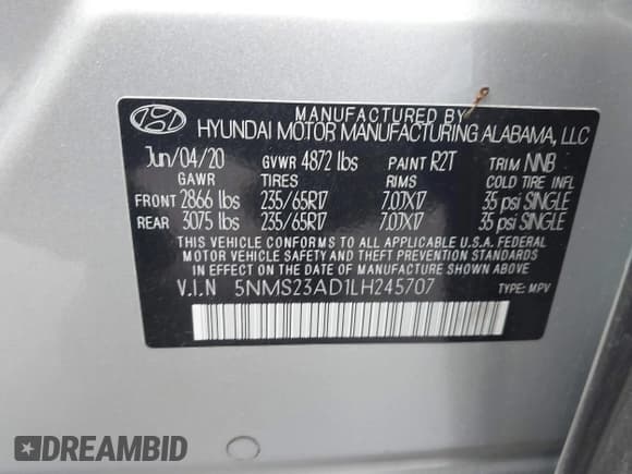 ✅ 2020 Hyundai Santa Fe SE • VIN: 5NMS23AD1LH245707 • Lot: 43624091. Wystawiony na IAAI z przebiegiem 35 722 mil. Bezpłatny archiwum sprzedaży aukcyjnych z USA i szczegółowy raport historii pojazdu na DreamBid. Zdjęcie 9.